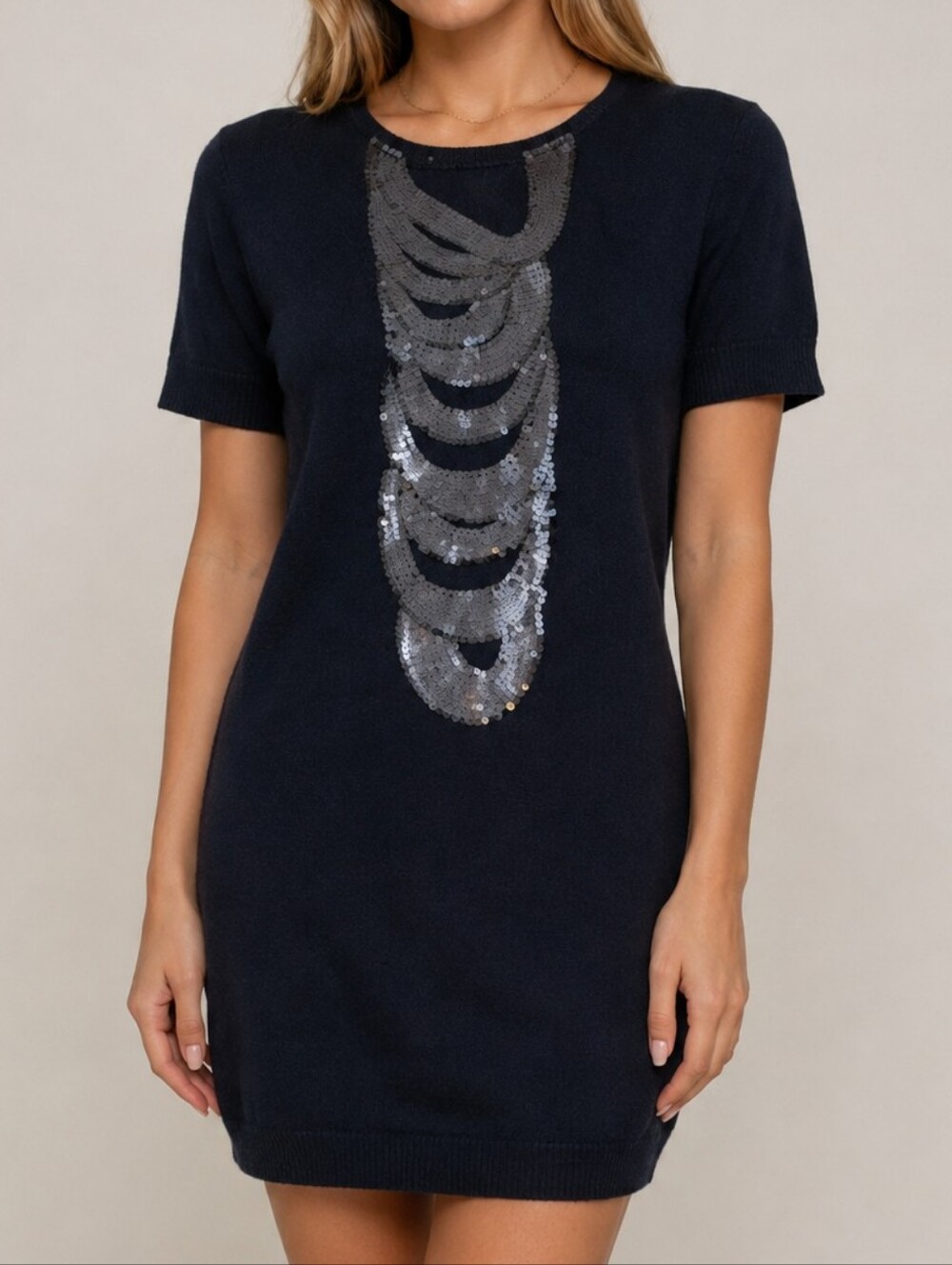 Magaschoni Cashmere Navy Blue Sequin Cashmere Sweater Dress